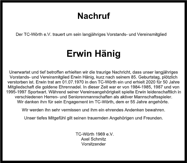 Nachruf Erwin Hänig